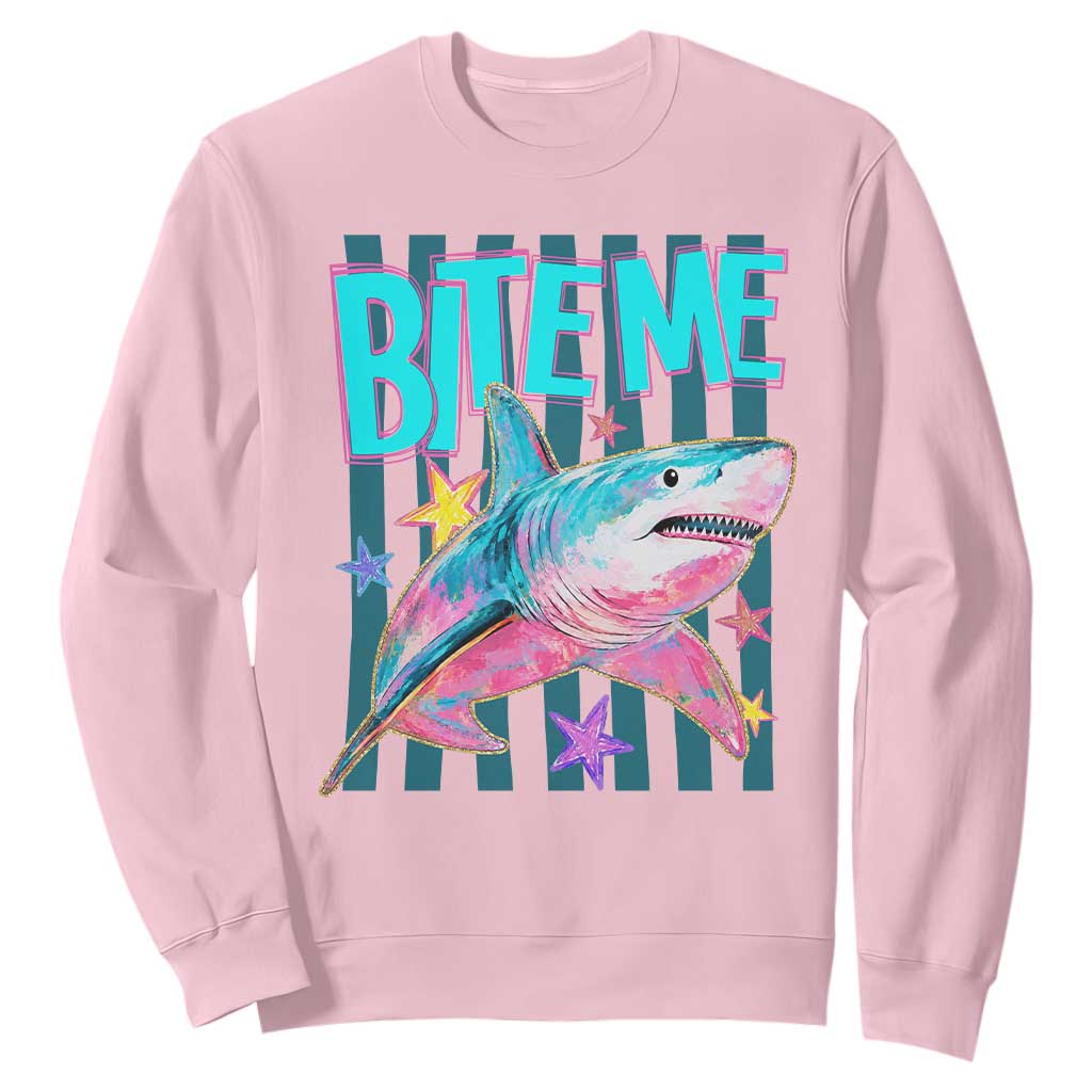 Funny Bite Me Shark Lover Sweatshirt Summer Beach Nautical Stripes Glitter Print