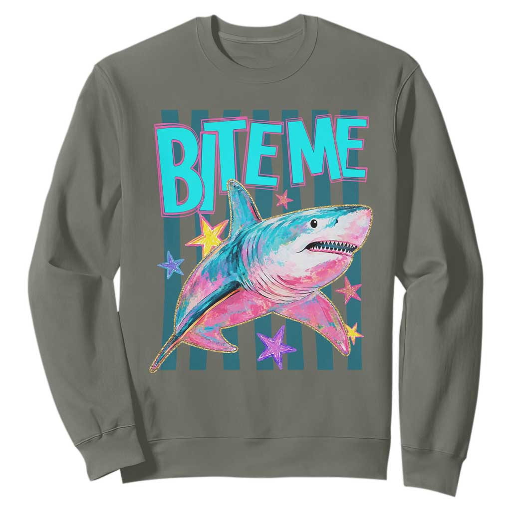 Funny Bite Me Shark Lover Sweatshirt Summer Beach Nautical Stripes Glitter Print