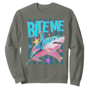 Funny Bite Me Shark Lover Sweatshirt Summer Beach Nautical Stripes Glitter Print