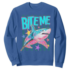Funny Bite Me Shark Lover Sweatshirt Summer Beach Nautical Stripes Glitter Print