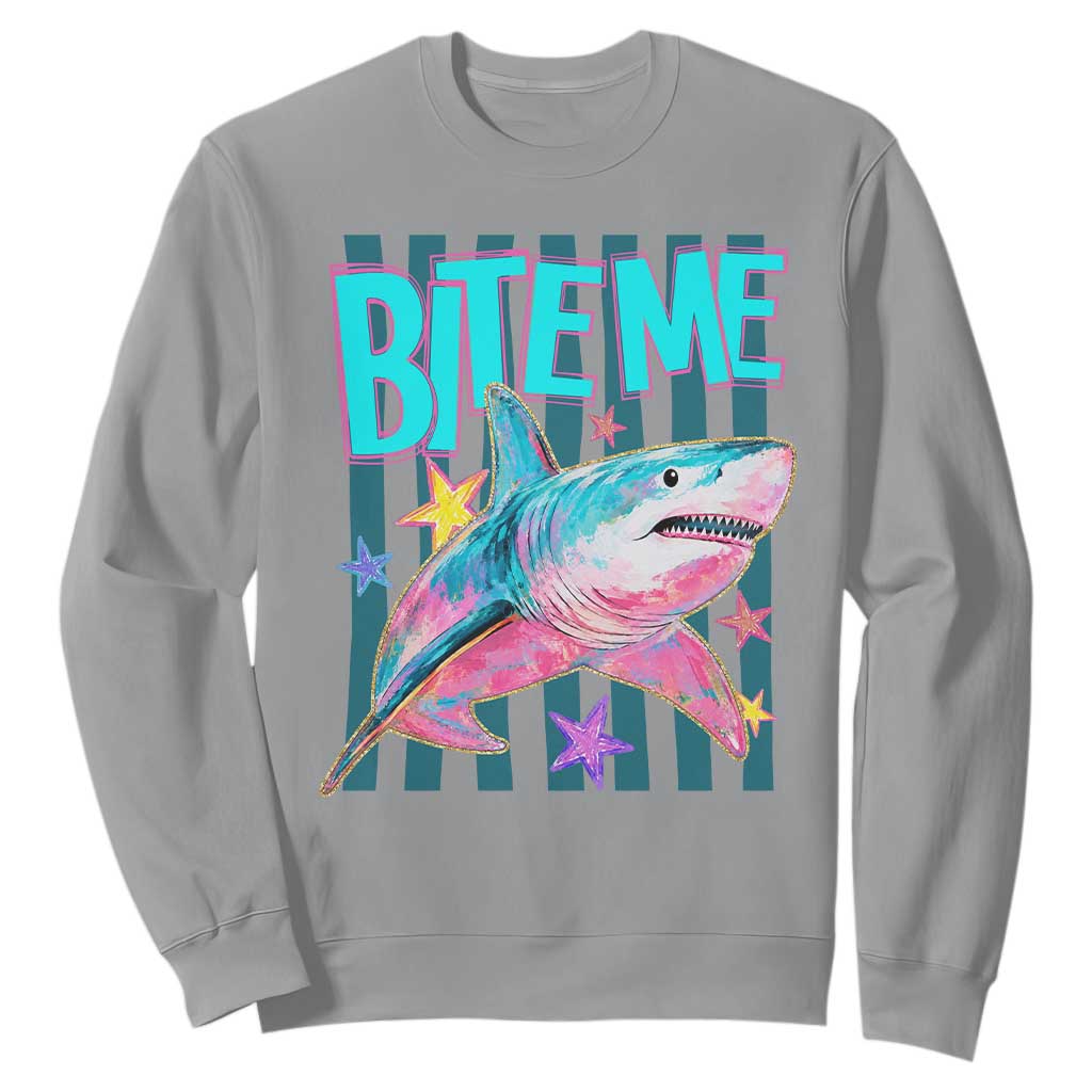 Funny Bite Me Shark Lover Sweatshirt Summer Beach Nautical Stripes Glitter Print