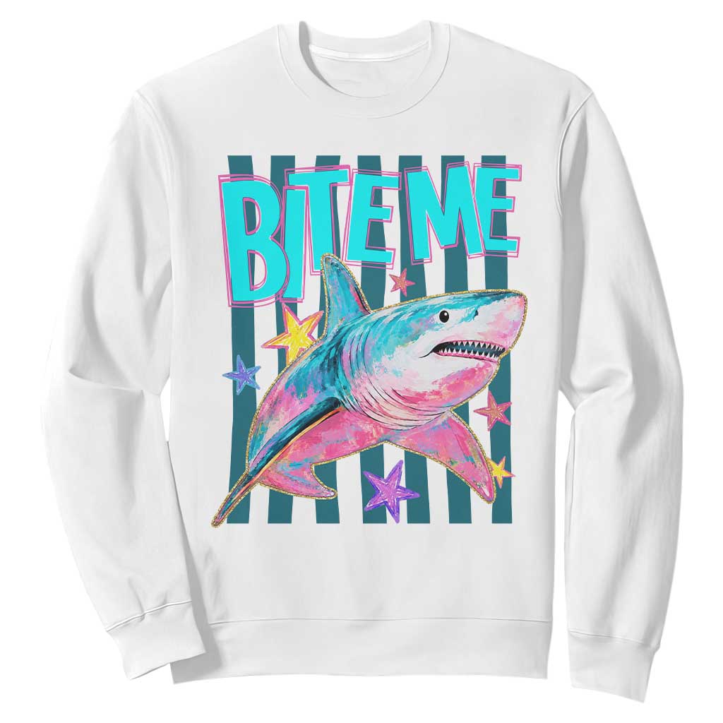 Funny Bite Me Shark Lover Sweatshirt Summer Beach Nautical Stripes Glitter Print