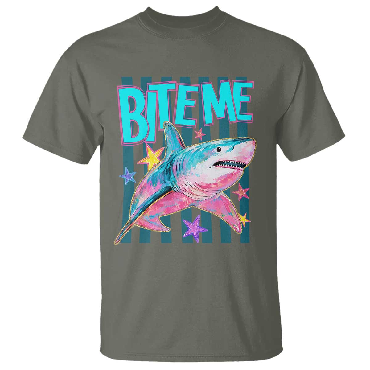 Funny Bite Me Shark Lover T Shirt Summer Beach Nautical Stripes Glitter Print