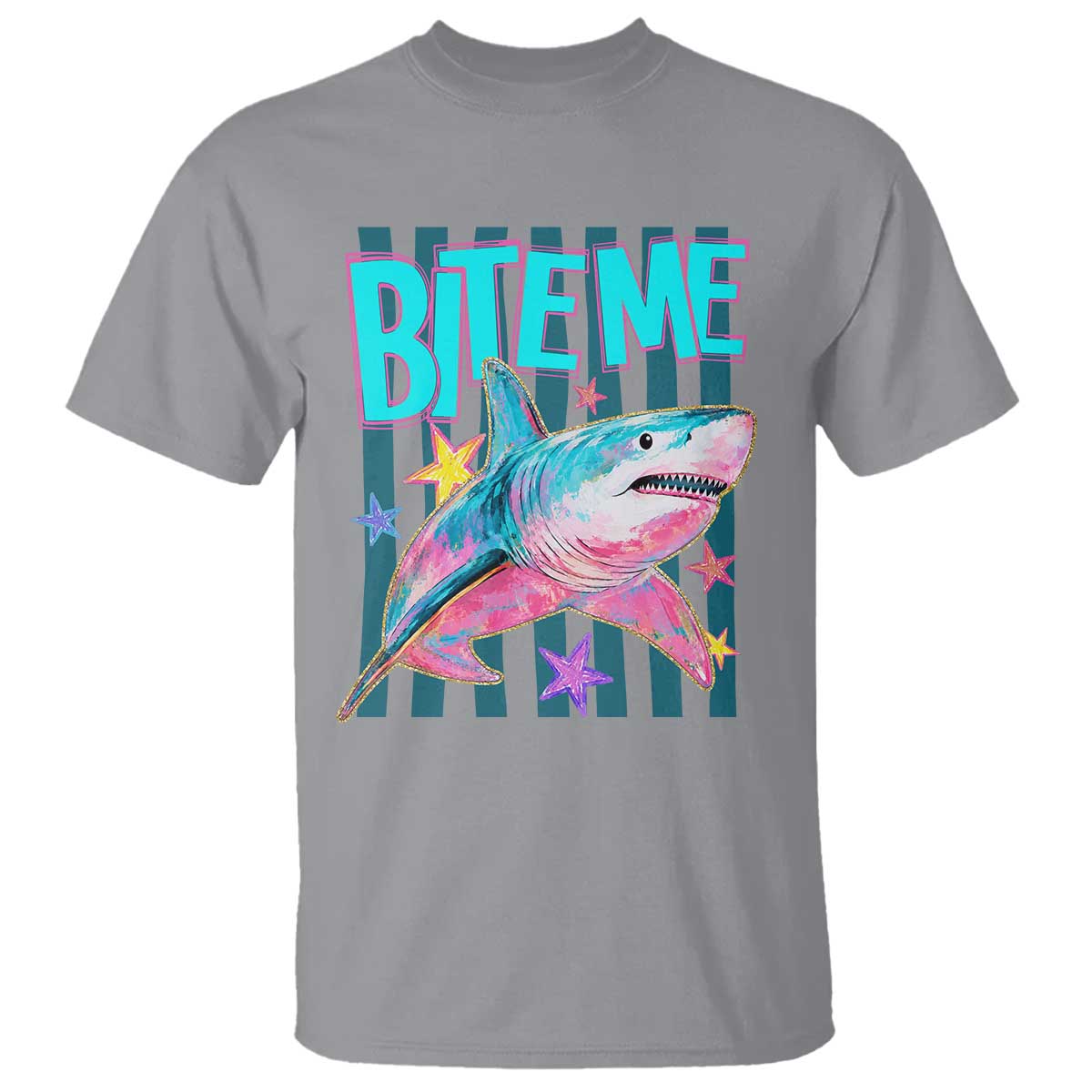 Funny Bite Me Shark Lover T Shirt Summer Beach Nautical Stripes Glitter Print