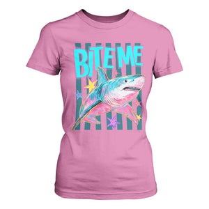 Funny Bite Me Shark Lover T Shirt For Women Summer Beach Nautical Stripes Glitter Print