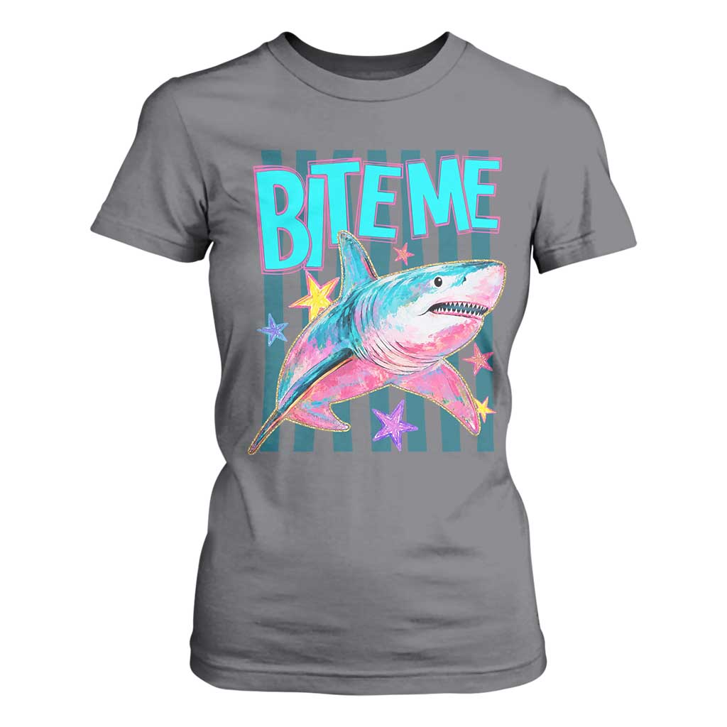Funny Bite Me Shark Lover T Shirt For Women Summer Beach Nautical Stripes Glitter Print