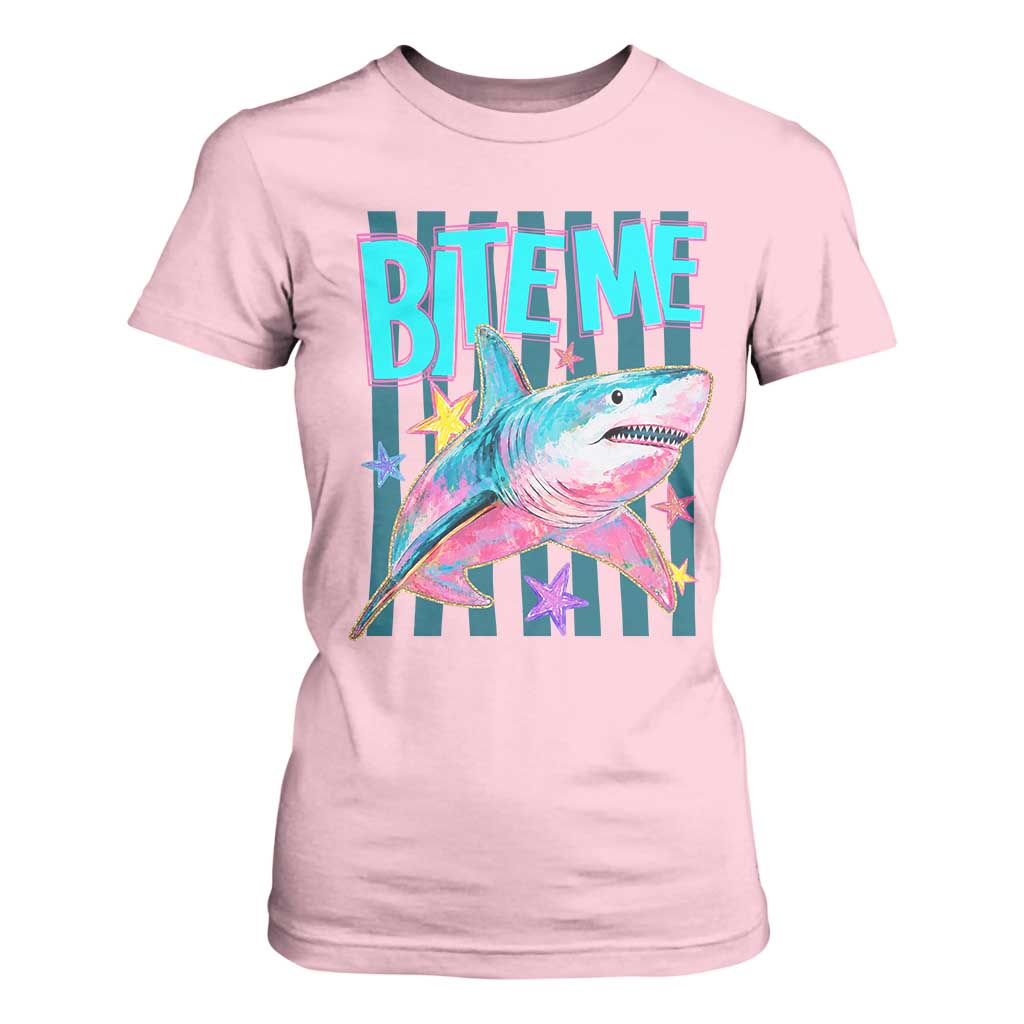 Funny Bite Me Shark Lover T Shirt For Women Summer Beach Nautical Stripes Glitter Print