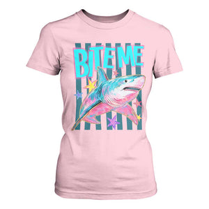 Funny Bite Me Shark Lover T Shirt For Women Summer Beach Nautical Stripes Glitter Print