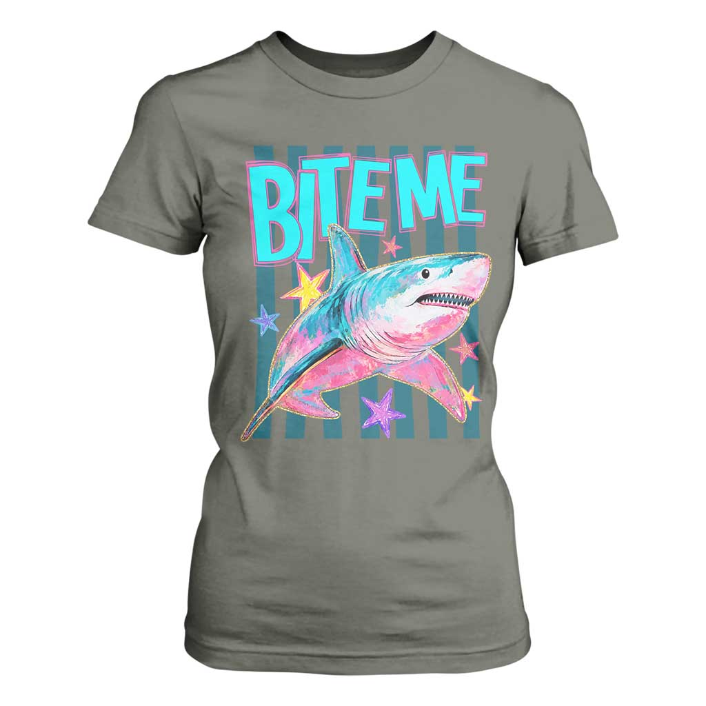 Funny Bite Me Shark Lover T Shirt For Women Summer Beach Nautical Stripes Glitter Print