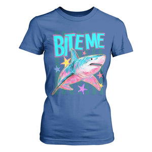 Funny Bite Me Shark Lover T Shirt For Women Summer Beach Nautical Stripes Glitter Print