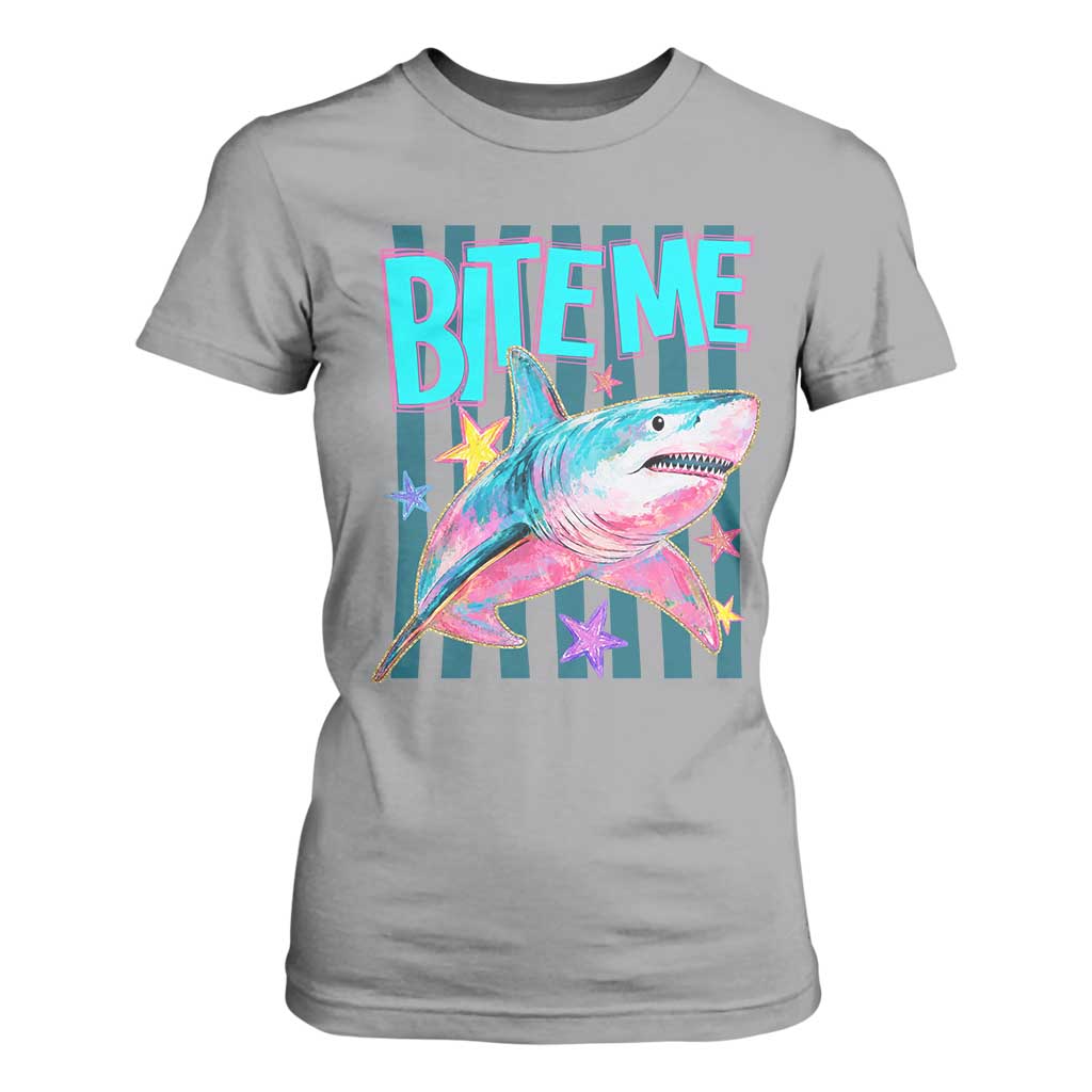 Funny Bite Me Shark Lover T Shirt For Women Summer Beach Nautical Stripes Glitter Print