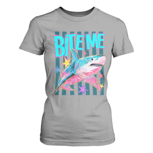 Funny Bite Me Shark Lover T Shirt For Women Summer Beach Nautical Stripes Glitter Print