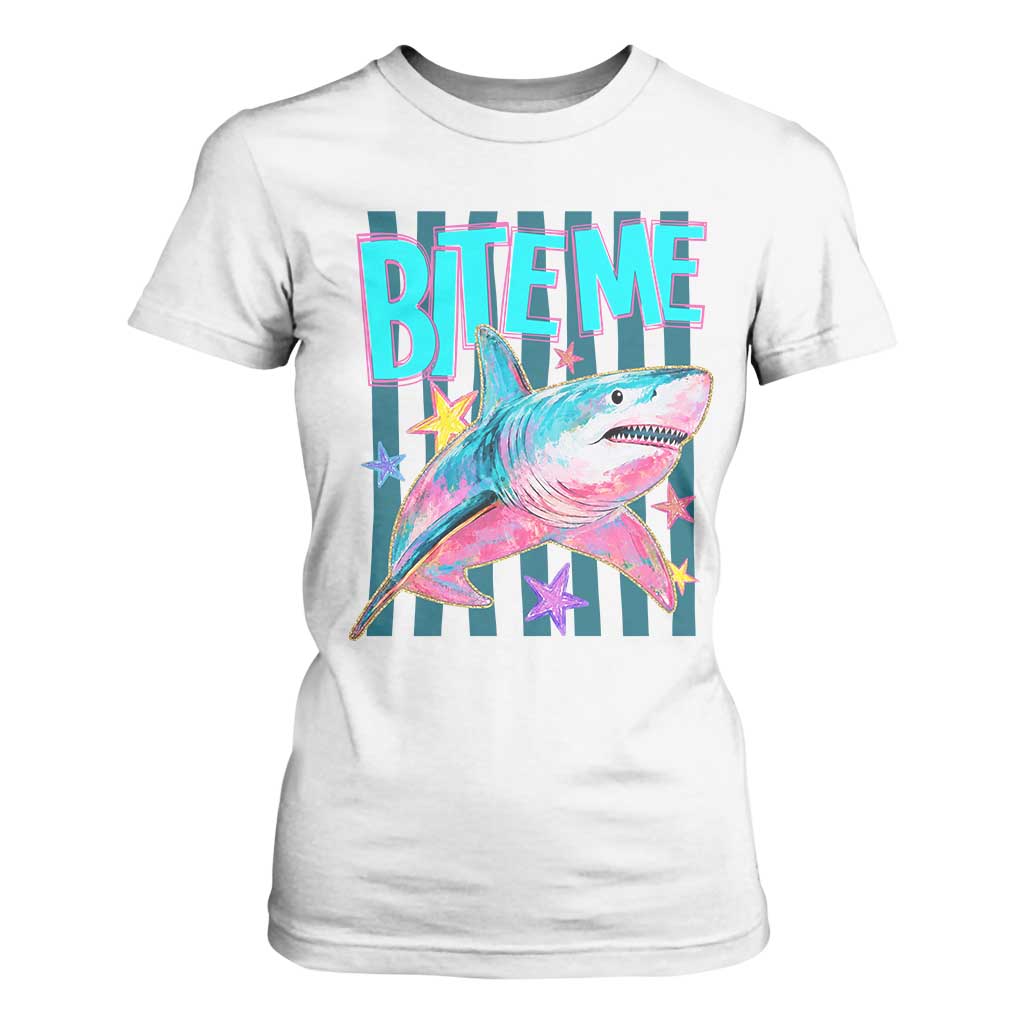 Funny Bite Me Shark Lover T Shirt For Women Summer Beach Nautical Stripes Glitter Print