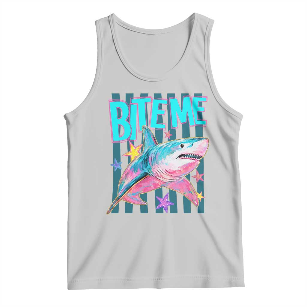 Funny Bite Me Shark Lover Tank Top Summer Beach Nautical Stripes Glitter Print