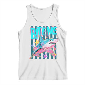 Funny Bite Me Shark Lover Tank Top Summer Beach Nautical Stripes Glitter Print