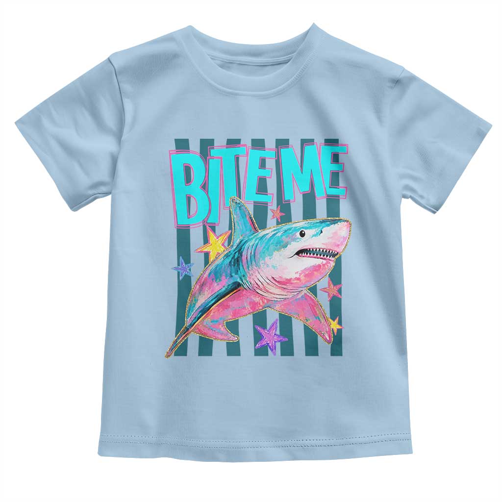 Funny Bite Me Shark Lover Toddler T Shirt Summer Beach Nautical Stripes Glitter Print