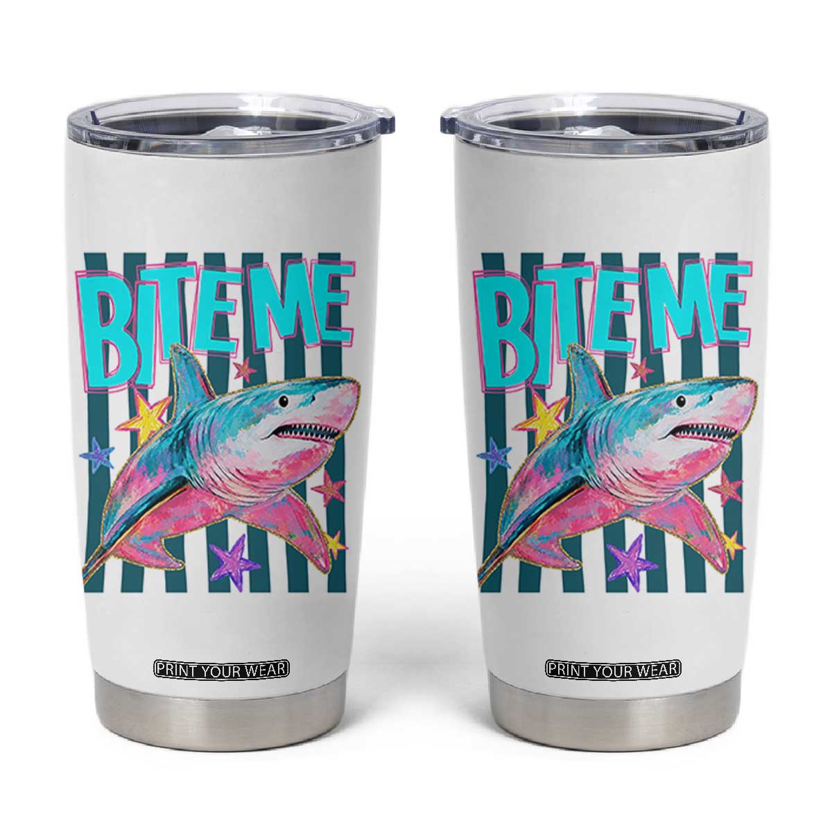 Funny Bite Me Shark Lover Tumbler Cup Summer Beach Nautical Stripes Glitter Print