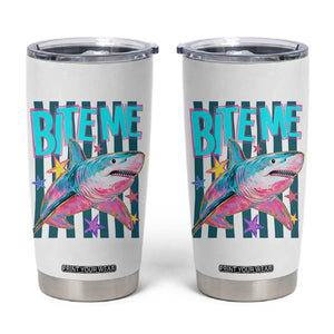 Funny Bite Me Shark Lover Tumbler Cup Summer Beach Nautical Stripes Glitter Print