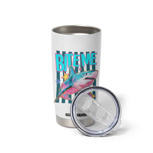 Funny Bite Me Shark Lover Tumbler Cup Summer Beach Nautical Stripes Glitter Print