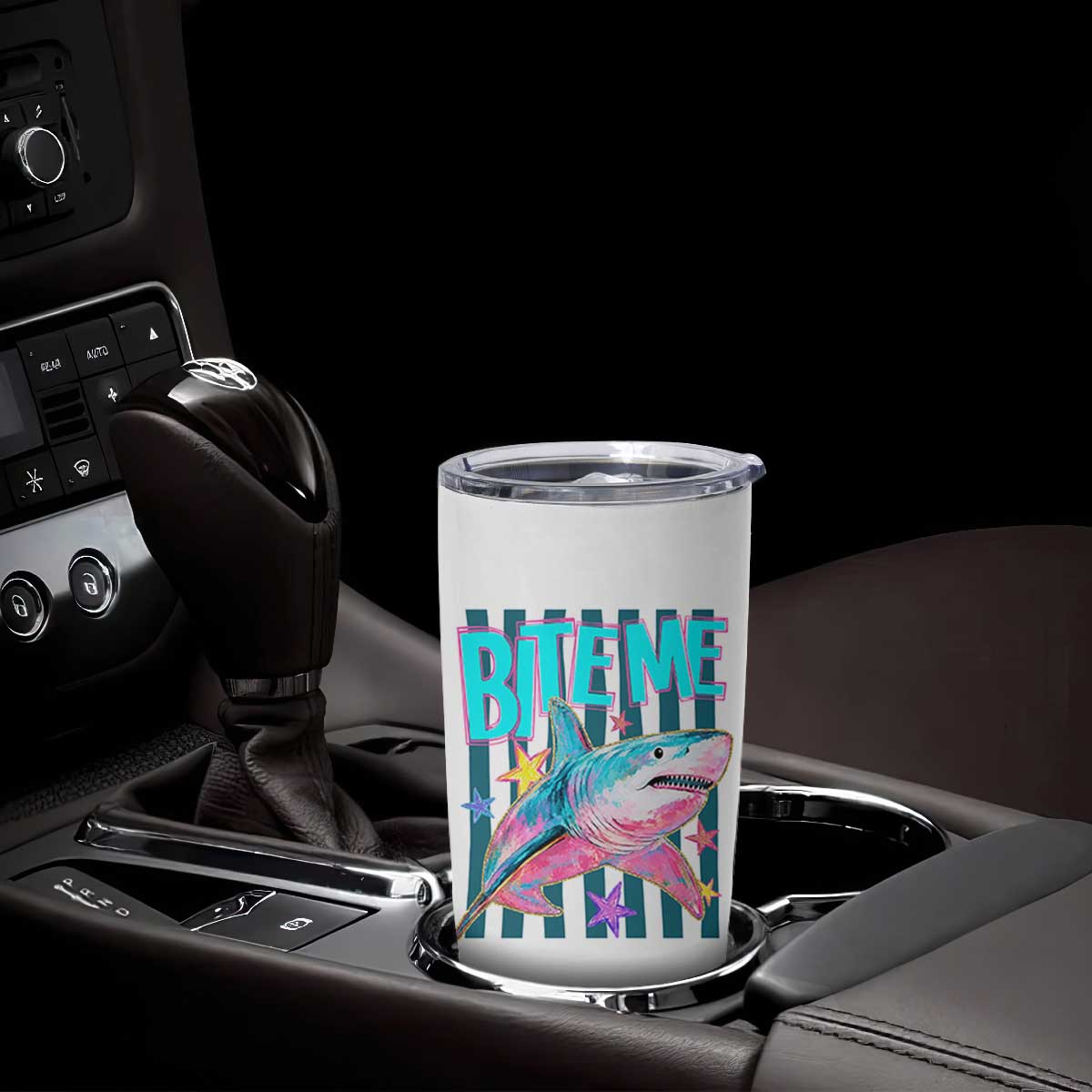 Funny Bite Me Shark Lover Tumbler Cup Summer Beach Nautical Stripes Glitter Print