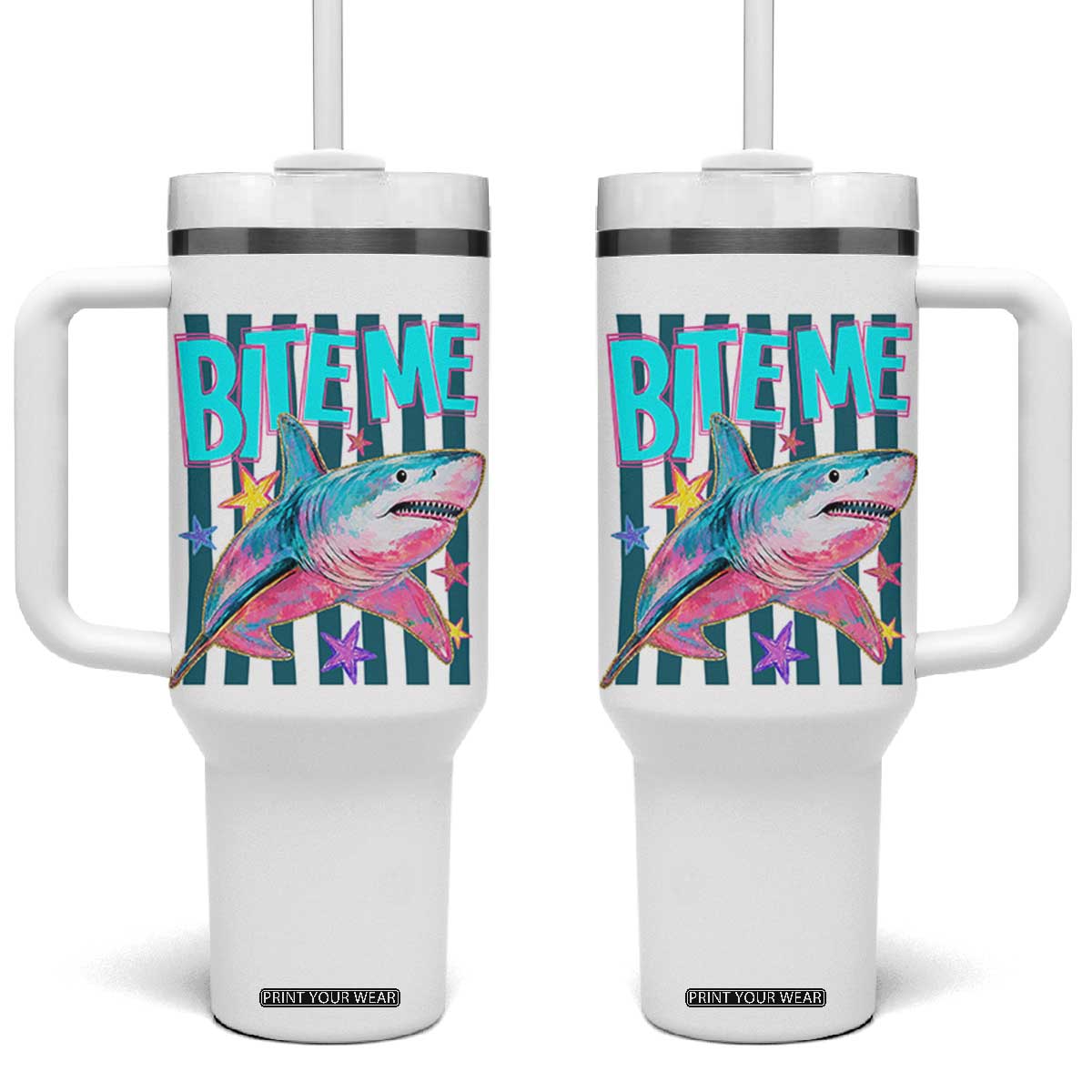 Funny Bite Me Shark Lover Tumbler With Handle Summer Beach Nautical Stripes Glitter Print