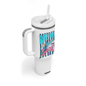 Funny Bite Me Shark Lover Tumbler With Handle Summer Beach Nautical Stripes Glitter Print