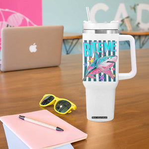 Funny Bite Me Shark Lover Tumbler With Handle Summer Beach Nautical Stripes Glitter Print