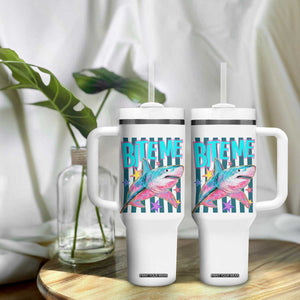 Funny Bite Me Shark Lover Tumbler With Handle Summer Beach Nautical Stripes Glitter Print