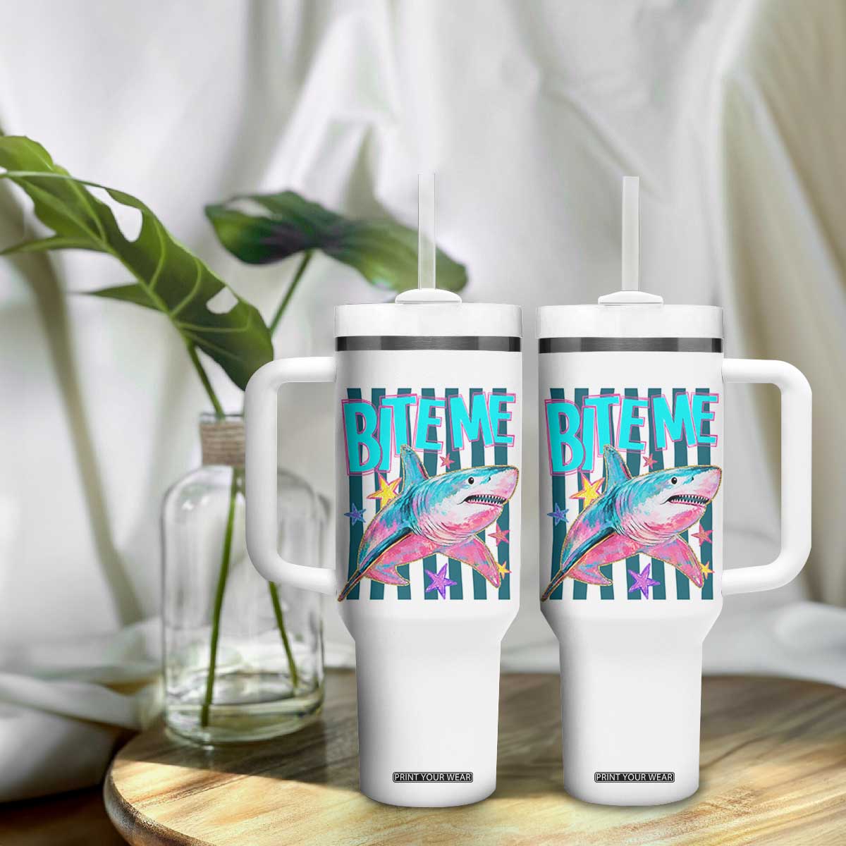 Funny Bite Me Shark Lover Tumbler With Handle Summer Beach Nautical Stripes Glitter Print