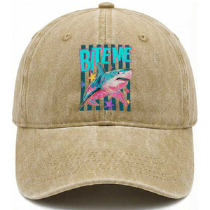 Funny Bite Me Shark Lover Washed Cotton Baseball Cap Summer Beach Nautical Stripes Glitter Print