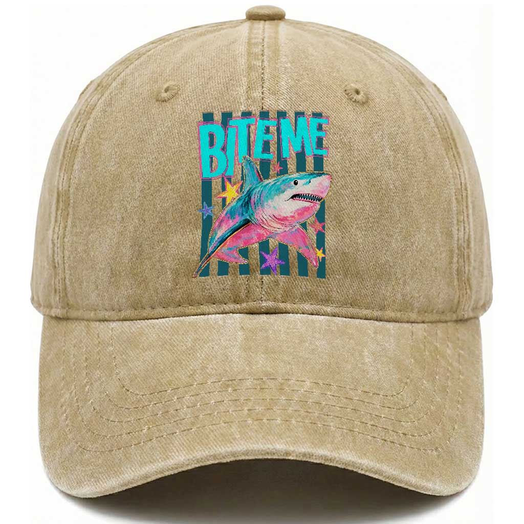 Funny Bite Me Shark Lover Washed Cotton Baseball Cap Summer Beach Nautical Stripes Glitter Print TS11 Print Your Wear