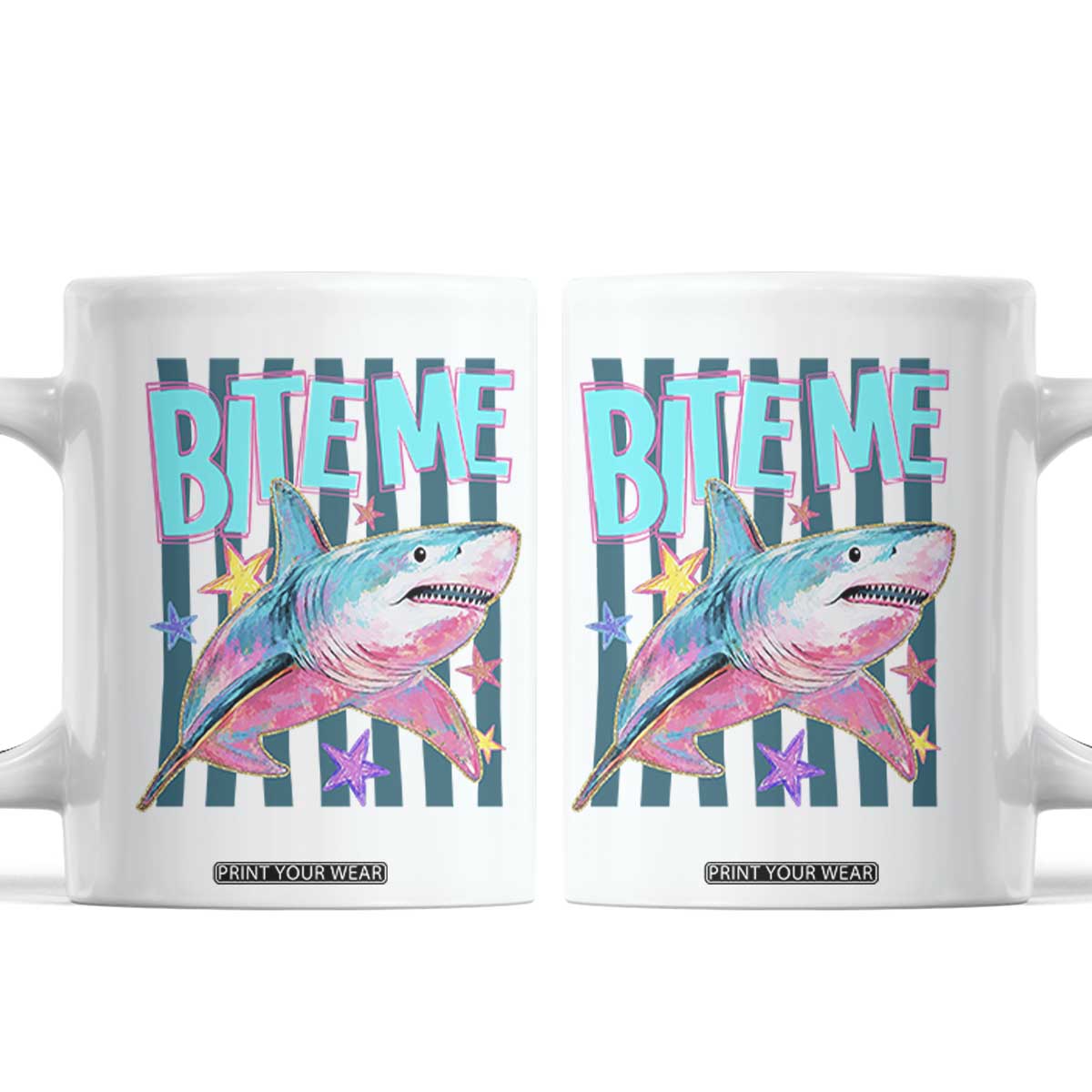 Funny Bite Me Shark Lover Coffee Mug Summer Beach Nautical Stripes Glitter Print
