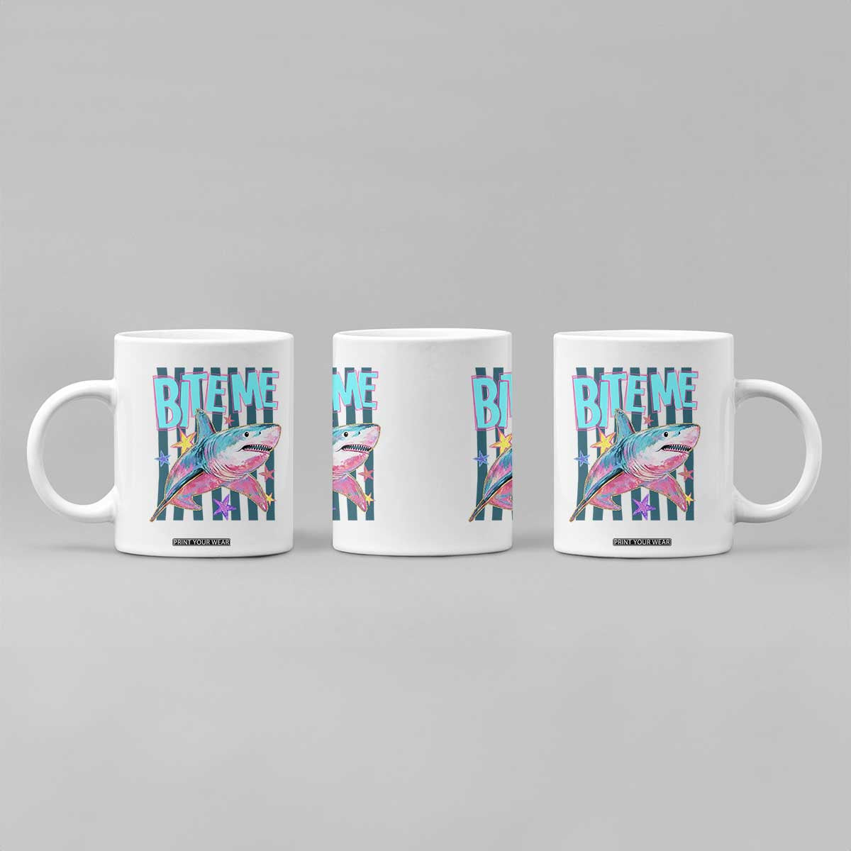 Funny Bite Me Shark Lover Coffee Mug Summer Beach Nautical Stripes Glitter Print
