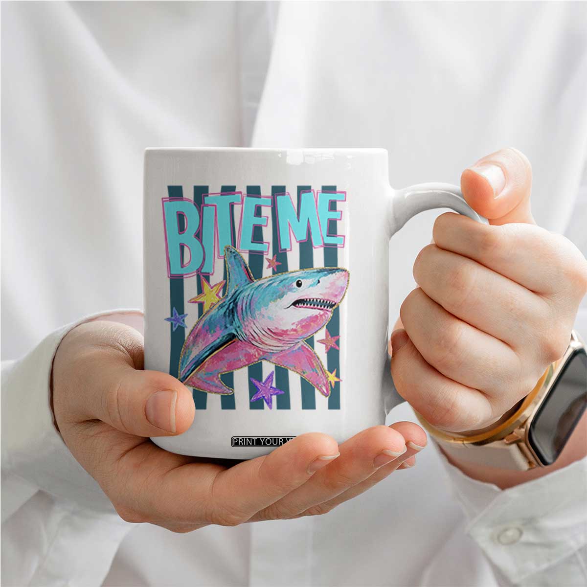 Funny Bite Me Shark Lover Coffee Mug Summer Beach Nautical Stripes Glitter Print