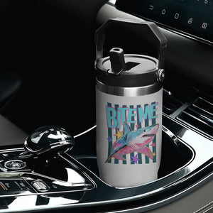 Funny Bite Me Shark Lover Flip Straw Tumbler Summer Beach Nautical Stripes Glitter Print