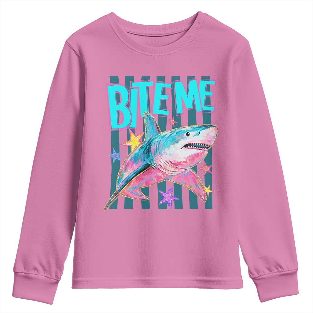 Funny Bite Me Shark Lover Youth Sweatshirt Summer Beach Nautical Stripes Glitter Print