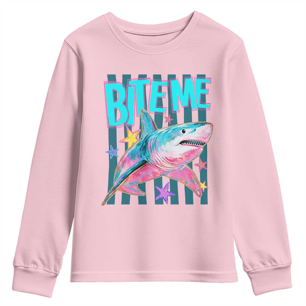Funny Bite Me Shark Lover Youth Sweatshirt Summer Beach Nautical Stripes Glitter Print