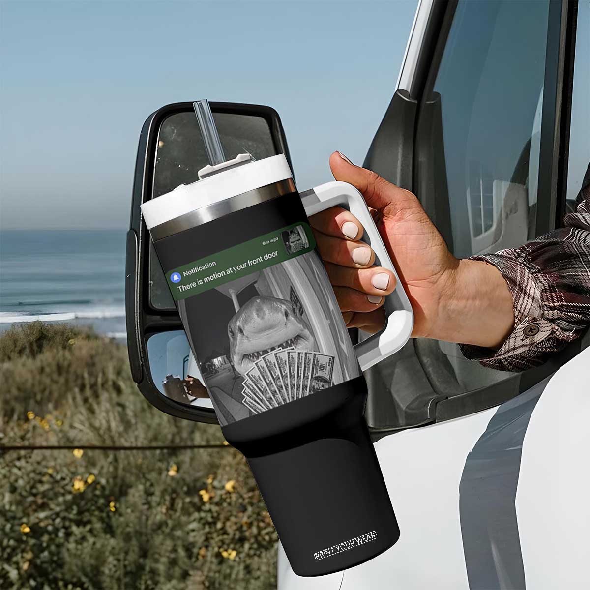 There is Motion at Your Front Door Funny Shark Motion Meme Tumbler With Handle