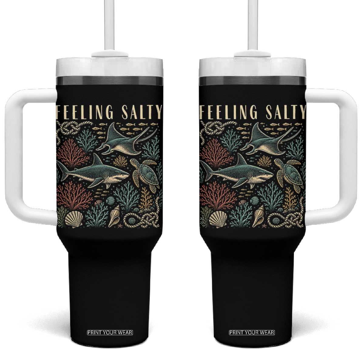 Feeling Salty Shark Lover Vintage Ocean Life Tumbler With Handle