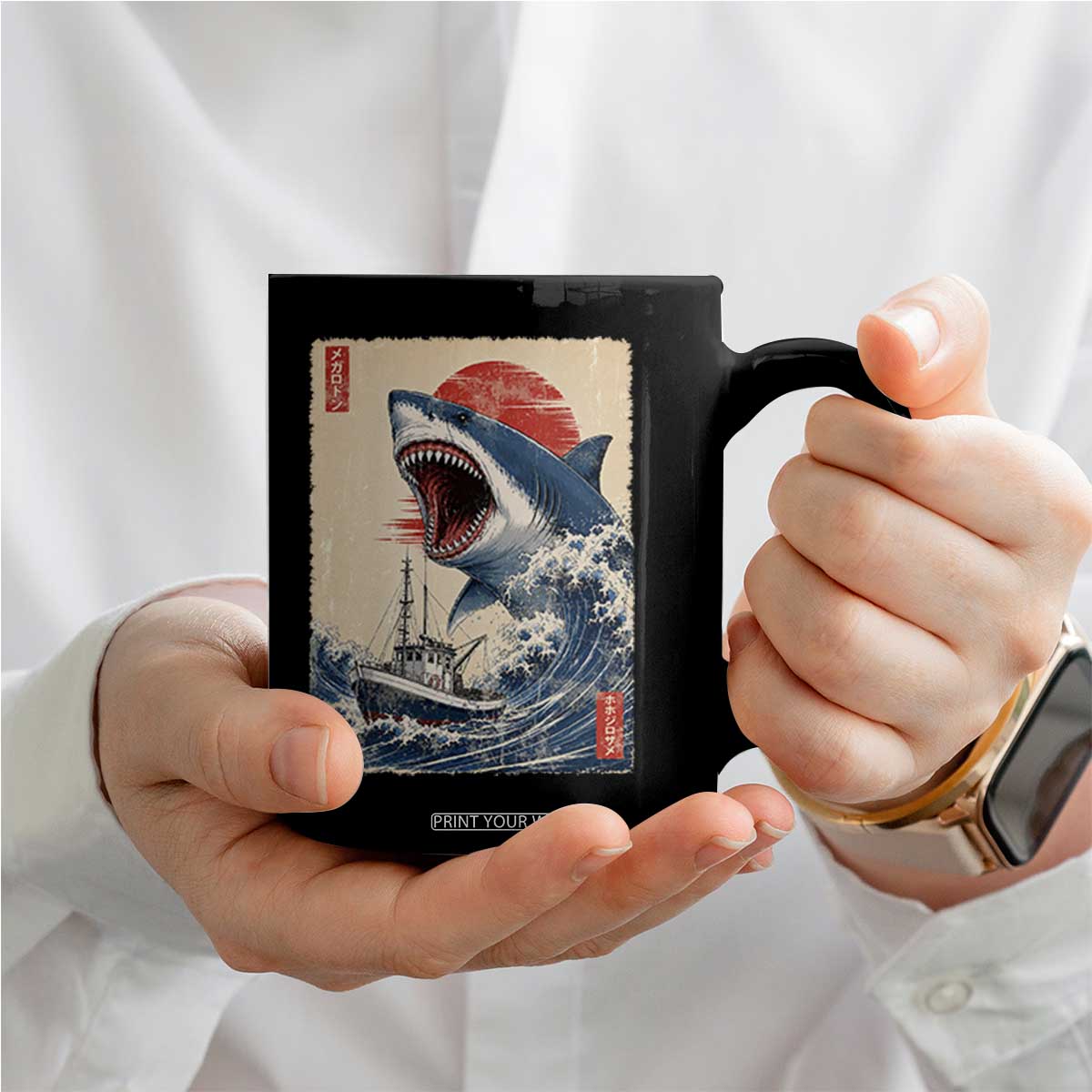 Megalodon Shark Japanese Vintage Graphic Ukiyo e Art Coffee Mug