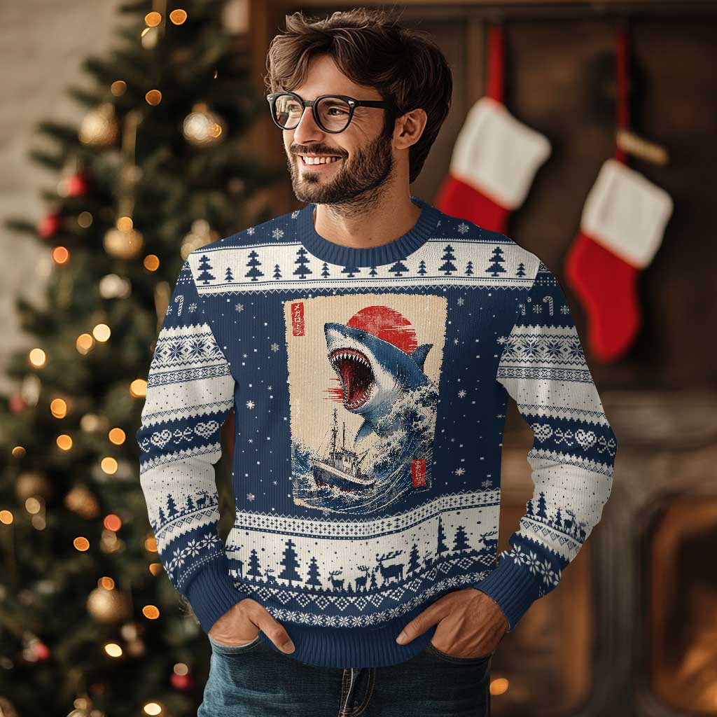 Megalodon Shark Japanese Vintage Graphic Ukiyo e Art Ugly Christmas Sweater