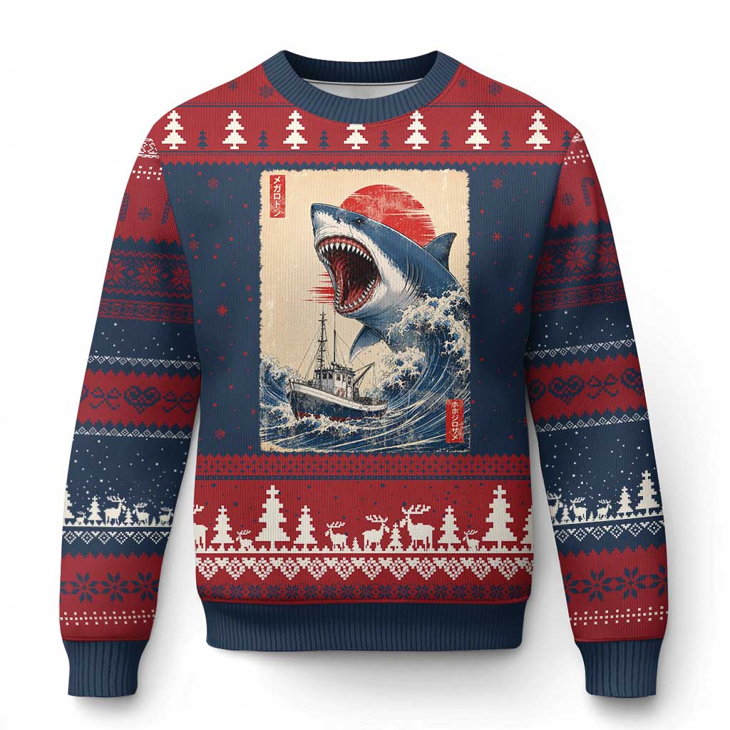 Megalodon Shark Japanese Vintage Graphic Ukiyo e Art Ugly Christmas Sweater TS11 Navy Red Print Your Wear