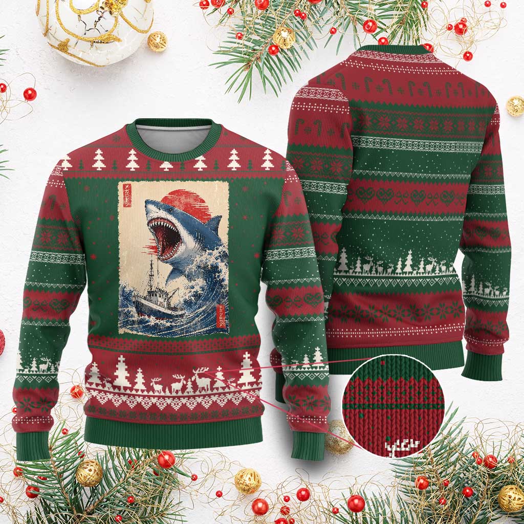 Megalodon Shark Japanese Vintage Graphic Ukiyo e Art Ugly Christmas Sweater
