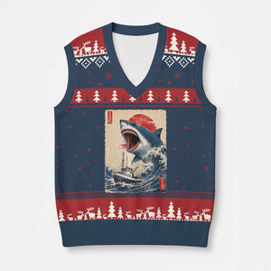 Megalodon Shark Japanese Vintage Graphic Ukiyo e Art V-Neck Knit Sweater Vest