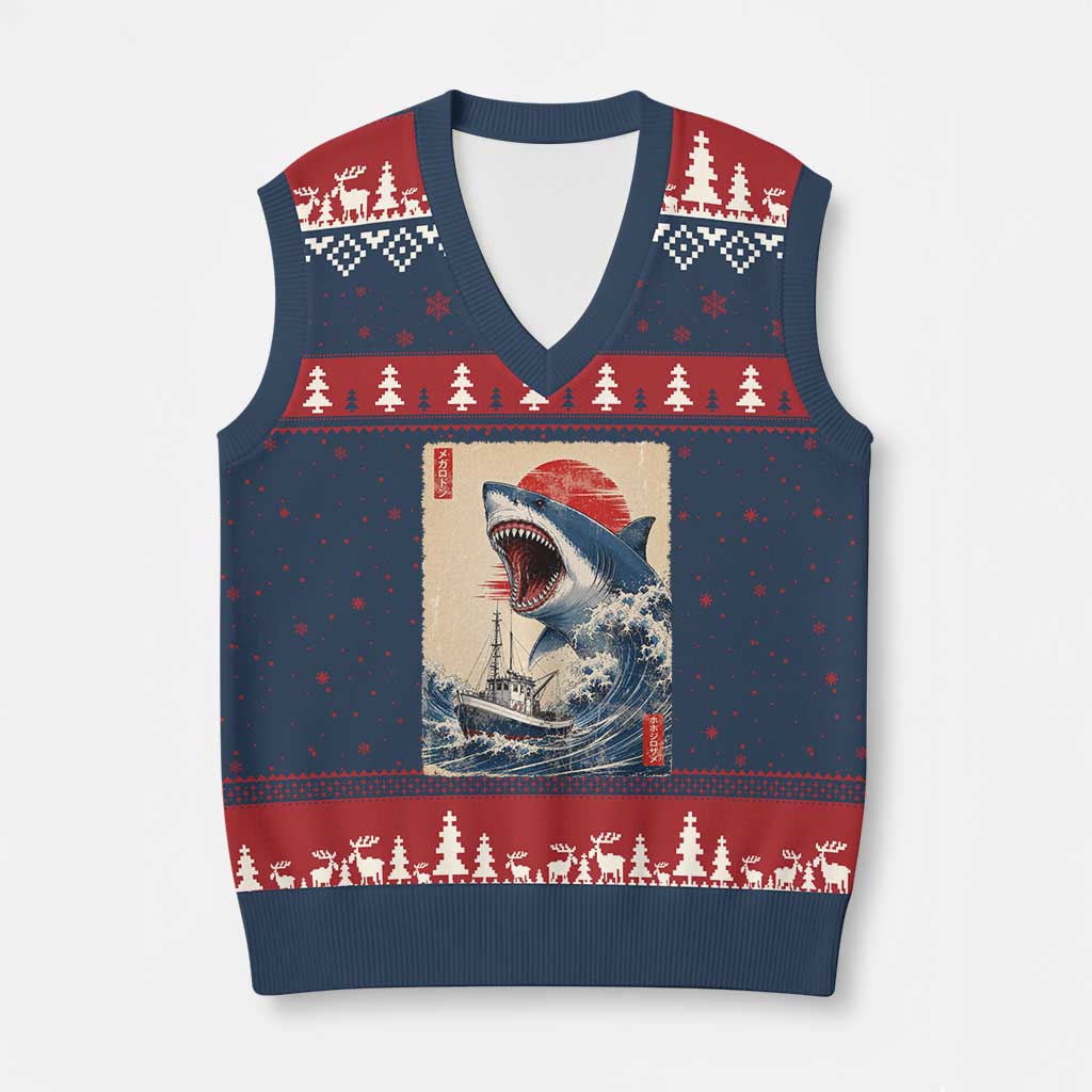 Megalodon Shark Japanese Vintage Graphic Ukiyo e Art V-Neck Knit Sweater Vest TS11 Navy Red Print Your Wear