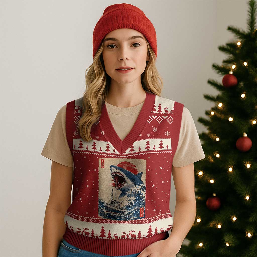 Megalodon Shark Japanese Vintage Graphic Ukiyo e Art V-Neck Knit Sweater Vest