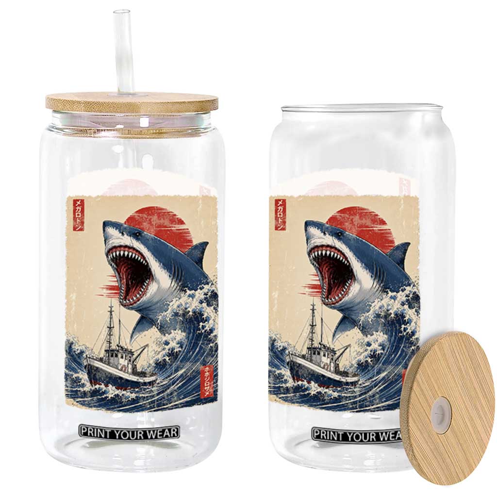 Megalodon Shark Japanese Vintage Graphic Ukiyo e Art Glass Can