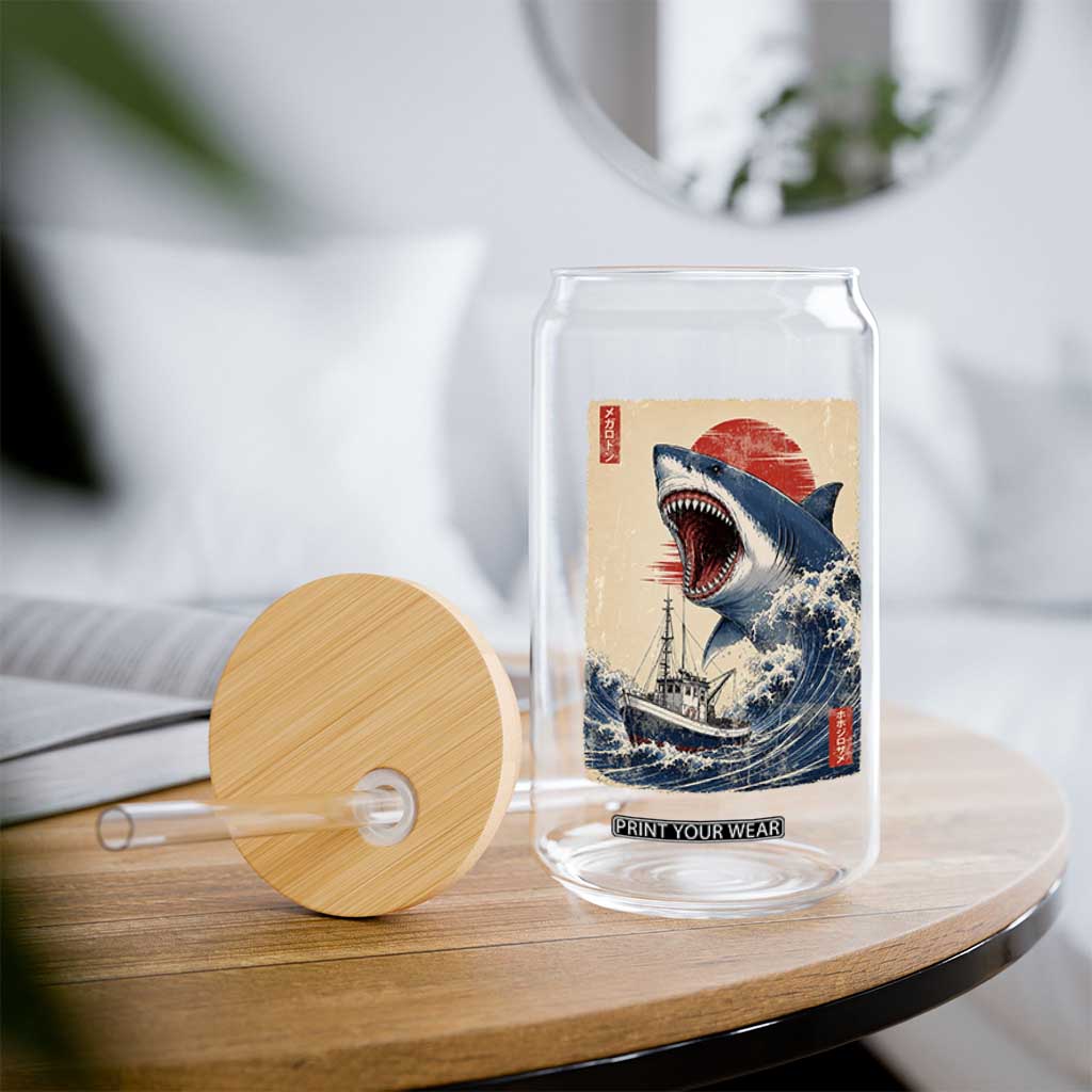 Megalodon Shark Japanese Vintage Graphic Ukiyo e Art Glass Can