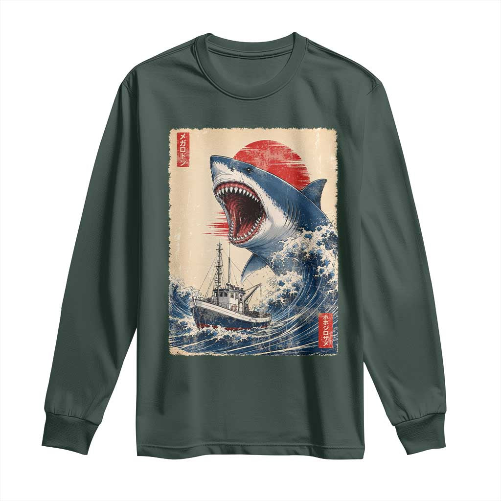Megalodon Shark Japanese Vintage Graphic Ukiyo e Art Long Sleeve Shirt