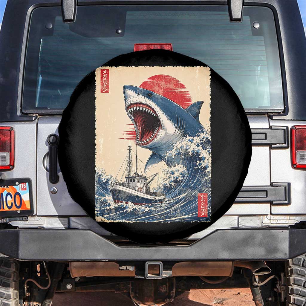 Megalodon Shark Japanese Vintage Graphic Ukiyo e Art Spare Tire Cover